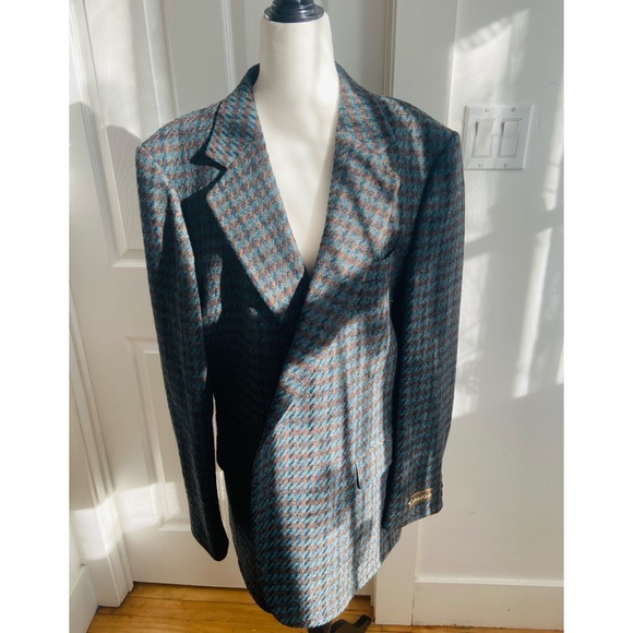 80s DEADSTOCK Designer Calvin Klein Teal Tweed Woven Wool Blend Blazer Coat NWT - Picture 2 of 8